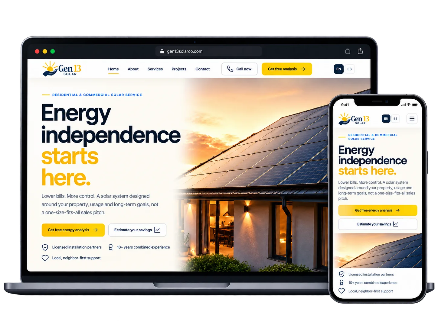Sitio web en inglés de GEN 13 Solar, empresa de energía solar en Dallas–Fort Worth, Texas