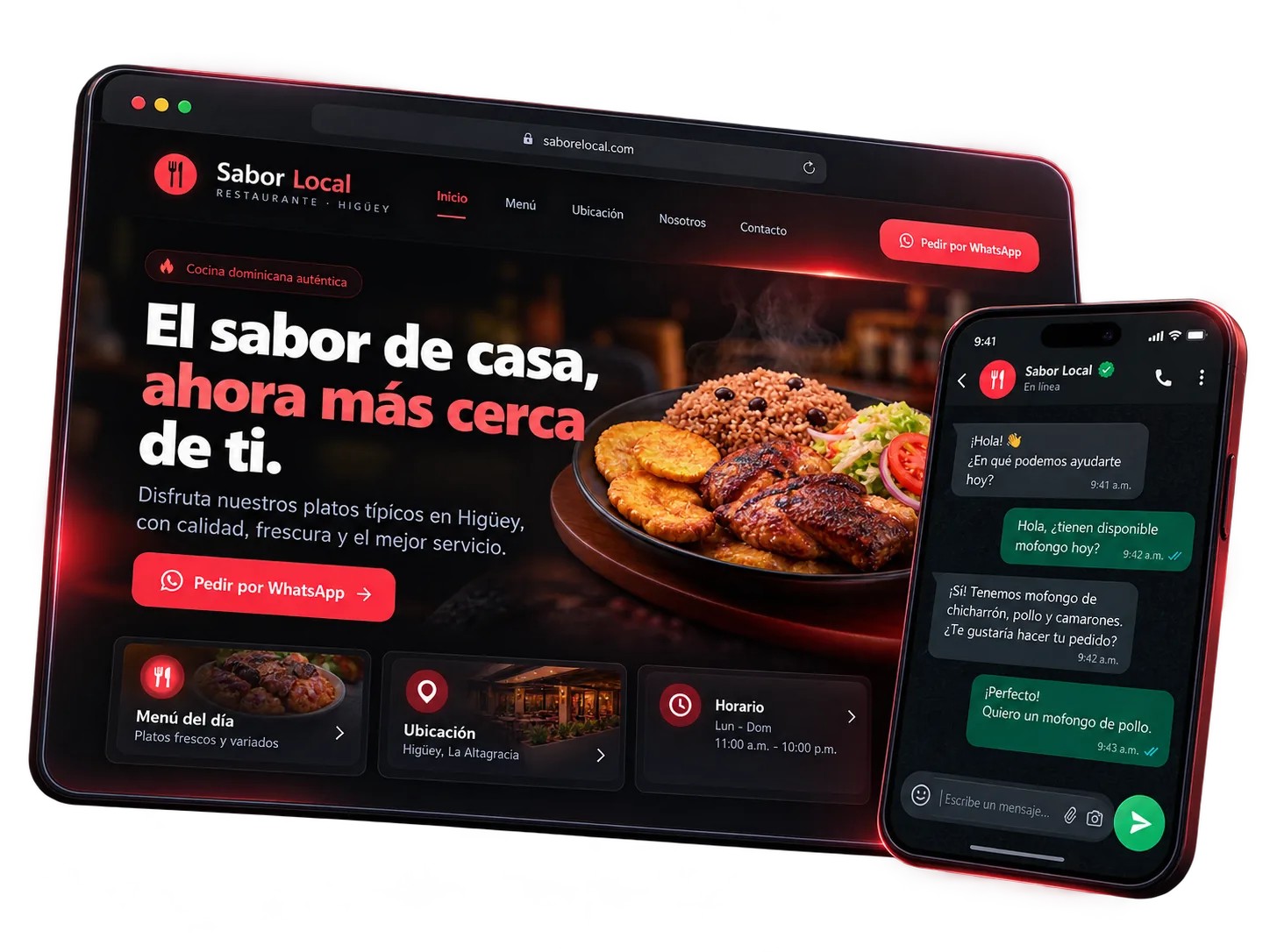 Diseño web de restaurante con versión móvil y chat de WhatsApp